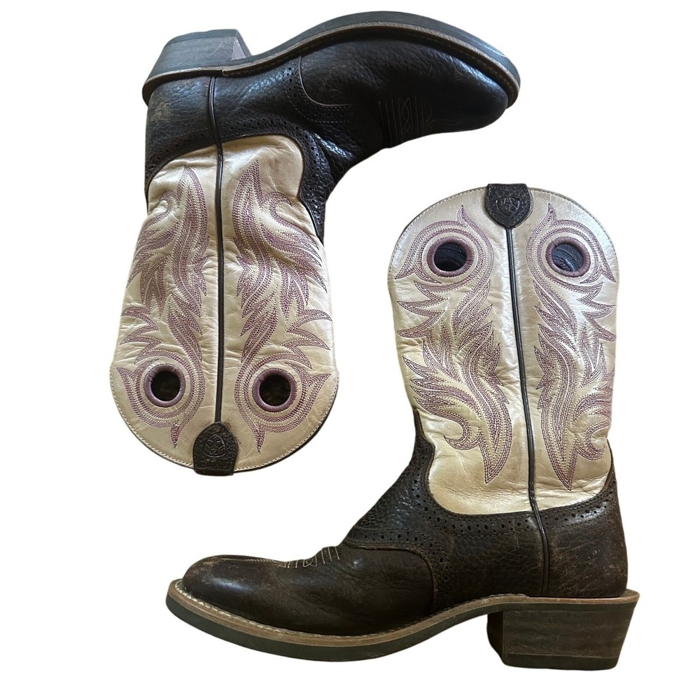 Ariat Cream And Brown Embroidered Western Boots Womens 6.5